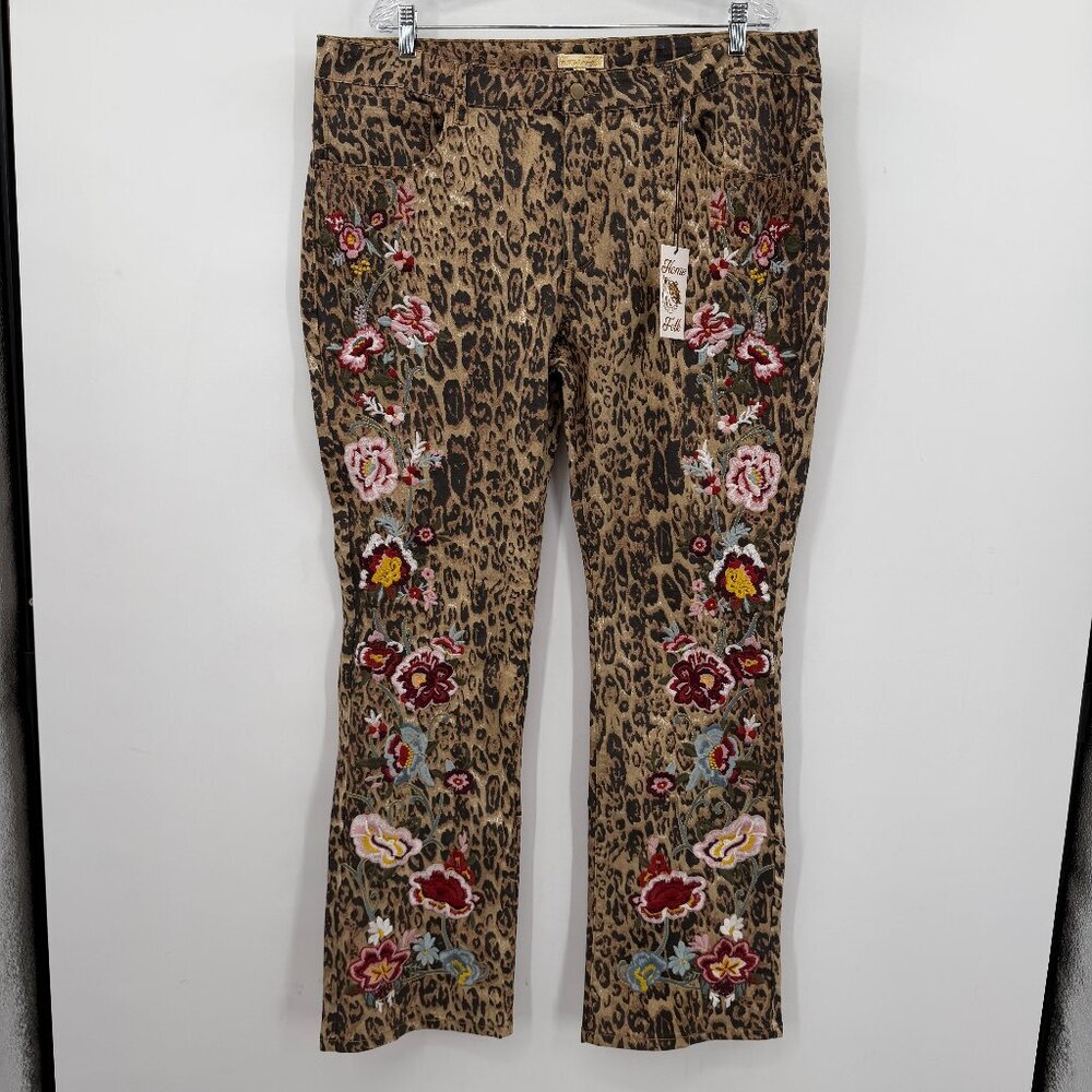 Home Folk Plus Leopard Print Embroidered Jeans Floral Detail Size 22 NWT